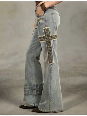 Womens Romwe  Grunge Punk Cross Print Wide Leg Jeans, Size 6 (Medium), NWT